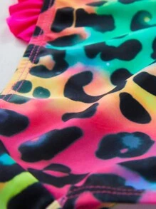 年轻女孩彩虹豹纹不对称领口可爱蝴蝶结比基尼套装夏季海滩 - 紅色 - 查看 5