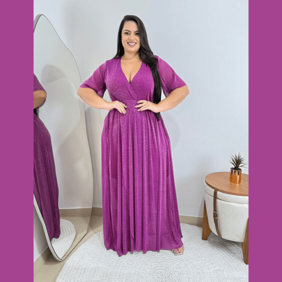 Holy Lia Vestido Festa Plus Size Manga Curta De Tule Transpassado Moda Feminina G1 G2 G3