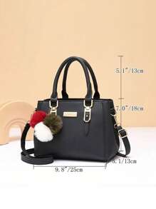Women's Fashionable Solid Color Handbag With Fur Ball Decoration, Large Capacity Multi-Layer Crossbody Bag, Suitable For Dating And Work - Black - View 3