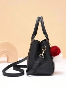 Women's Fashionable Solid Color Handbag With Fur Ball Decoration, Large Capacity Multi-Layer Crossbody Bag, Suitable For Dating And Work - Black - View 6