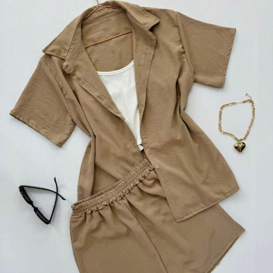 Set de 3 piezas camisa, short y top - Marrón - Ver 1