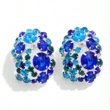 European And American Popular Fully Studded Large Round Earrings, Exaggerated Rhinestone Jewelry, Cross-Border New Rhinestone Earrings For Women, And Luxurious Rhinestone Clips, Fashionable And Versatile Rhinestone Earrings, New Rhinestone Exaggerated Clips, European And American Style Personalized Rhinestone Jewelry, Dazzling Accessories. - Blue - View 2
