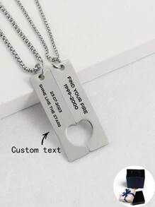 Angepasste personalisierte Kette mit rechteckigem und halbem Herzanhänger mit Gravur von Name/Slogan/Ort/Datum, perfektes Geschenk zum Geburtstag, Valentinstag oder Jahrestag für Freundinnen, Freunde und Freunde, die getragen werden können - Silber - Übersicht 1