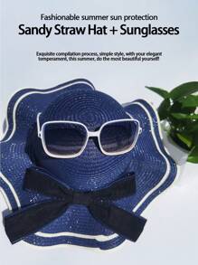 1pc Fashionable Bowknot Women's Sun Hat With Gradient Sunglasses, Ideal For Beach Vacation. Includes Wave Edge Ladies' Sun Hat With Wide Brim And Sunglasses (Random Shipment Of Glasses).