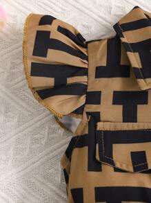 2st/set Fashionabla flickor brev lapptäcke tryckt klänning med bälte och hatt, sommar - Brun - Visa 4