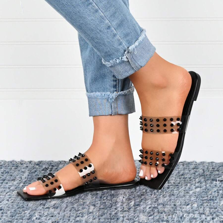 Womens Slide Low Block Heel Sandals - Black - View 1
