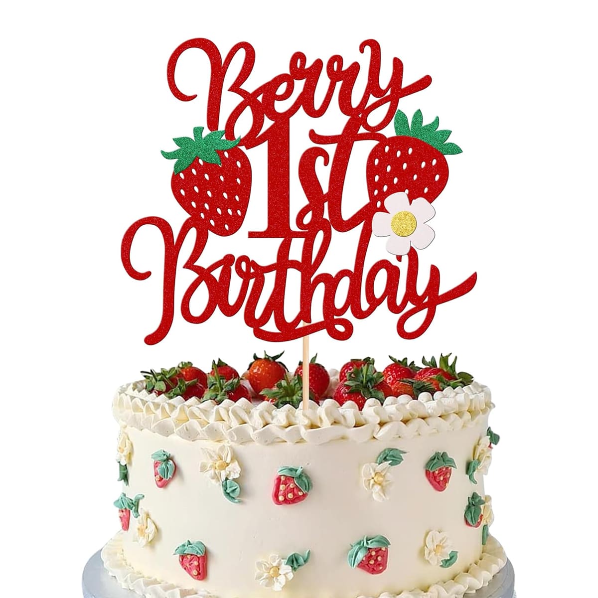 1pc Birthday Cake Topper With Flower Decoration, Glitter Sweet Fruit Theme Birthday Cake Topper With Strawberry Shower For Selected Strawberry Theme Birthday Party Cake Decoration,Christmas