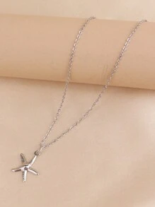 One Women Stainless Steel Chain Basic Starfish Pendant Charm Necklace - Silver - View 8