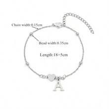 1pc Fashionable Silver Stainless Steel Heart & Letter Beaded Bracelet, Gift For Women On Valentine's Day - Style 2 - View 2