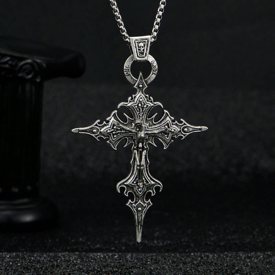 1pc Fashionable Gothic Nail Cross Skull Pendant Necklace, Halloween Necklace - Antique Silver - View 1