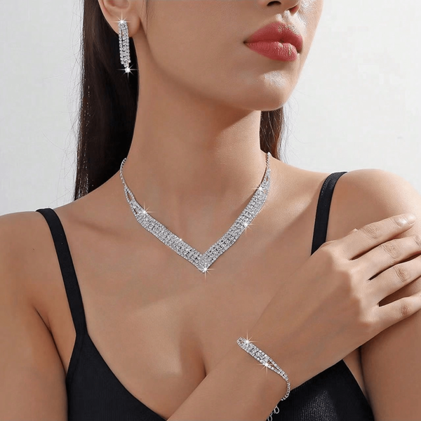 Simple And Stylish Full Rhinestone Bridal Necklace, Earrings And Bracelet Set Suitable For Weddings, Parties And Frequent Use