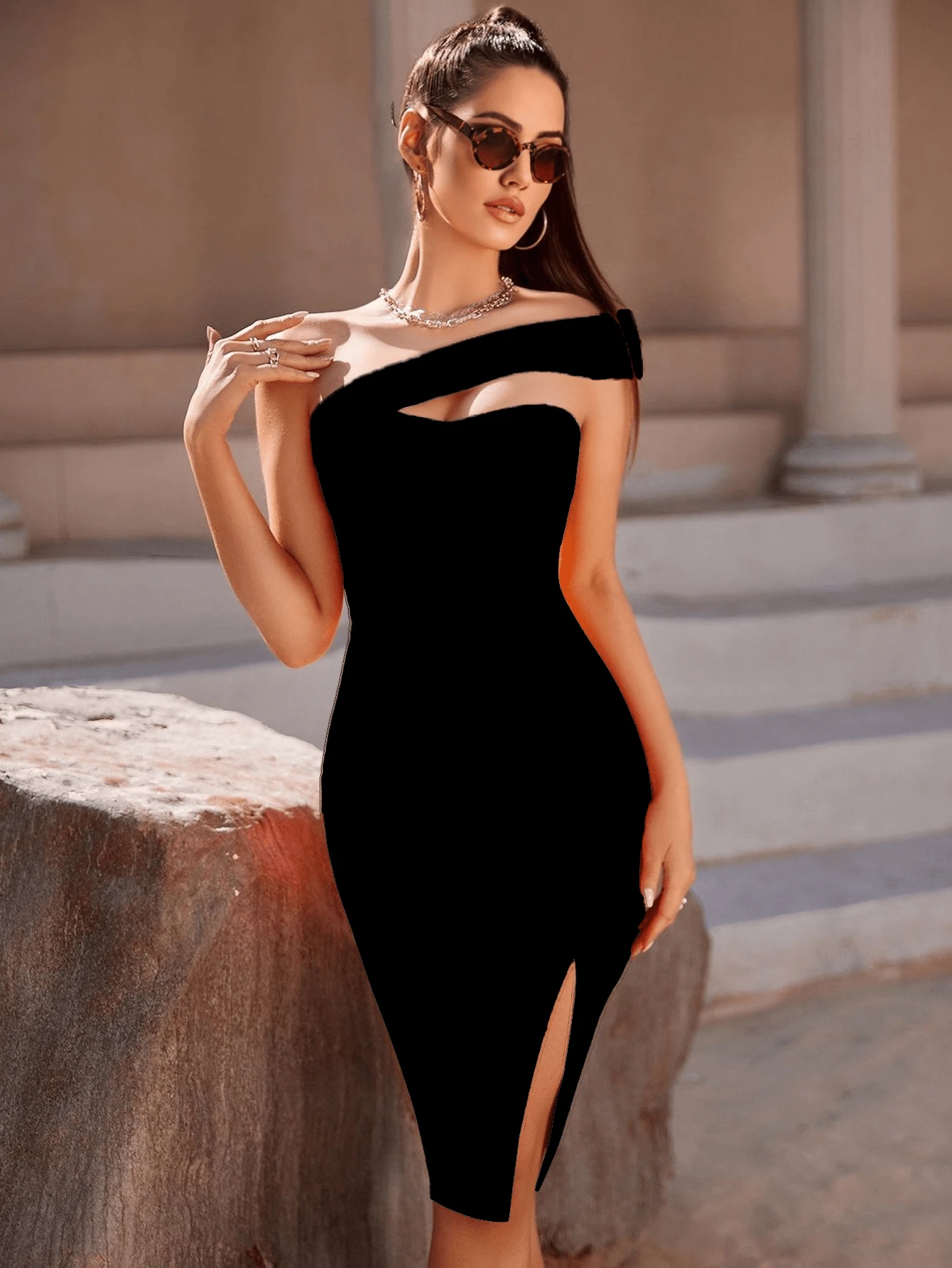 Tight Dress For Fashionable Asymmetrical Parties - Black - View 1