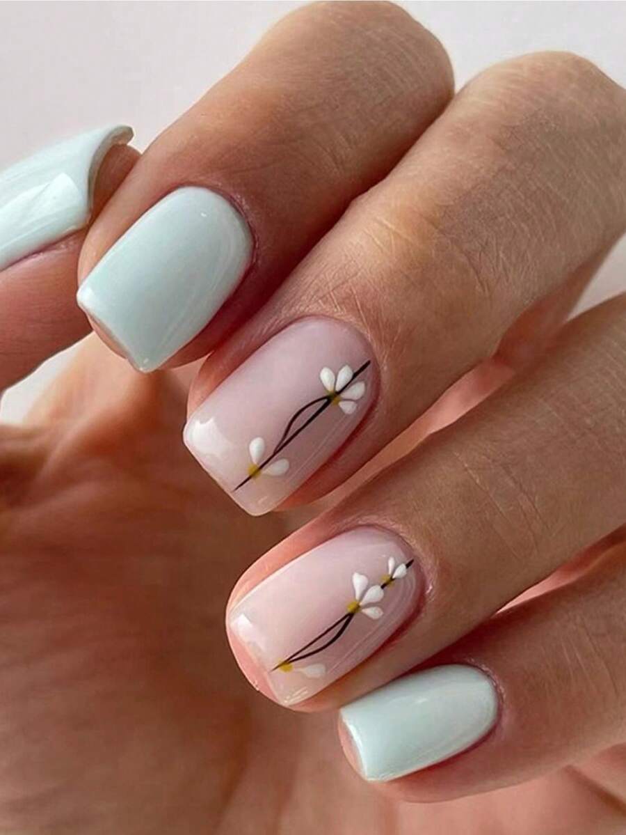 24 piezas Envolturas de uñas con flores cortas de color azul claro, diseño de pétalos lindo con estilo simple y puro, uñas postizas para arte de uñas, uñas prensadas, suministros de uñas - verde menta - Ver 1