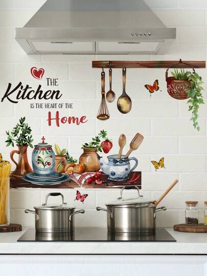 1pc Watercolor Kitchen Utensils Slogan Wall Sticker Home Decoration, Stickers, Wall Decal, Vinyl Decal For Home Decorations, Spring Decoration Items Refresh Your Home, Festival Decoration Stickers Gifts Birthday Graduation Kitchen Decor