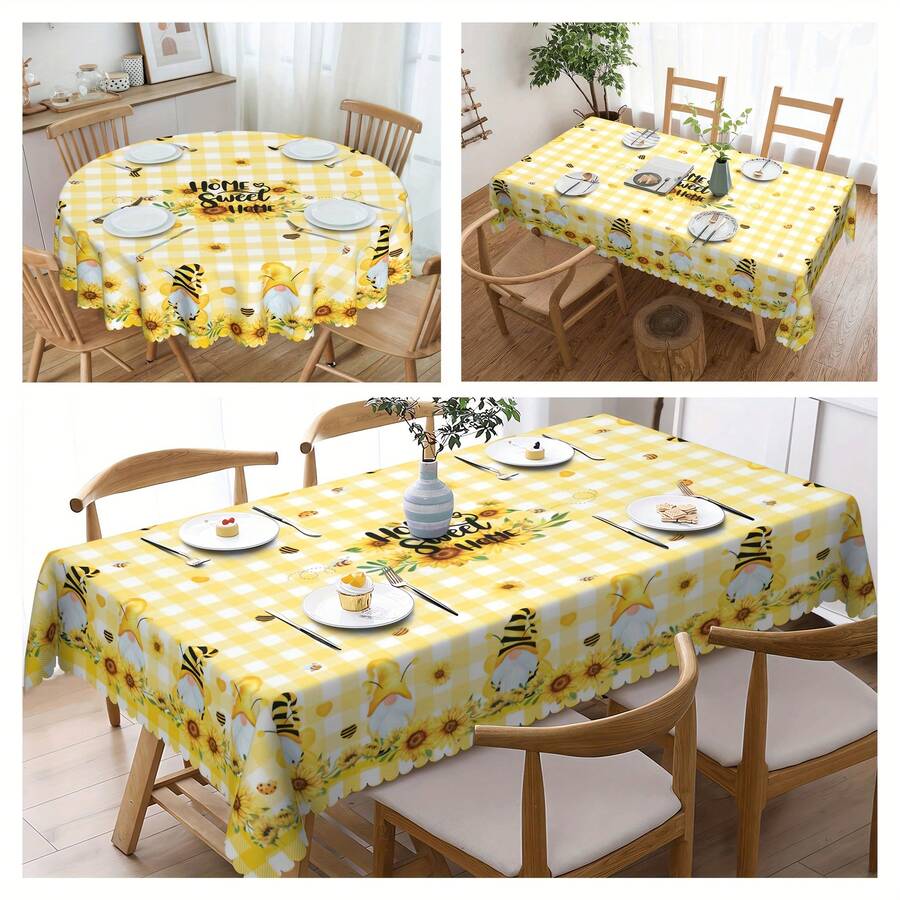 1入組桌布，明亮向日葵蜜蜂桌布，春季野餐裝飾，邊緣壓花工藝，印花桌布，耐污、防水，無摺痕，餐廳、家庭廚房、露台甜蜜家居蜜蜂桌布裝飾、餐桌套 - 彩色 - 查看 1