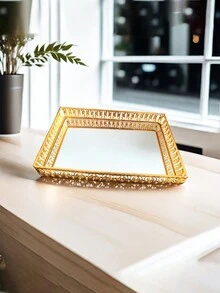 1 pieza Estante de almacenamiento de baño rectangular de metal de 13,78 pulgadas, bandeja de tocador dorada de estilo simple para uso en el baño del hogar durante todo el año - Dorado - Ver 4