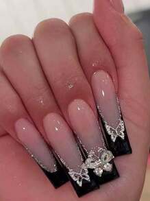 Yeah Bomb 4 piezas de arte de uñas cuadradas y largas de estilo francés con brillo negro y plateado, adornadas con mariposa de metal, perfectas para fiestas, bares y vestirse de forma única; reutilizables, vienen con un gel de gelatina gratuito y una lima de uñas. Suministros de uñas de prensa. - Negro - Ver 1