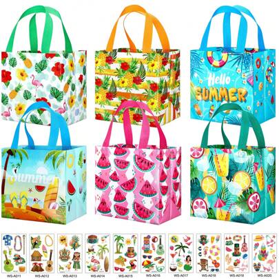4/6pcs Hawaiian Gift Bags + 10pcs Tattoo Stickers, Summer Party Favor Bags Beach Watermelon Pineapple Flamingo Theme Non-Woven Tropical Gift Bags With Handles Hawaiian Pool Party Supplies, Suitable For Pool, Party, Wedding, Outdoor Picnic, Camping, Birthday, Wedding, Supplies For Parties, Gatherings And Other Scenes