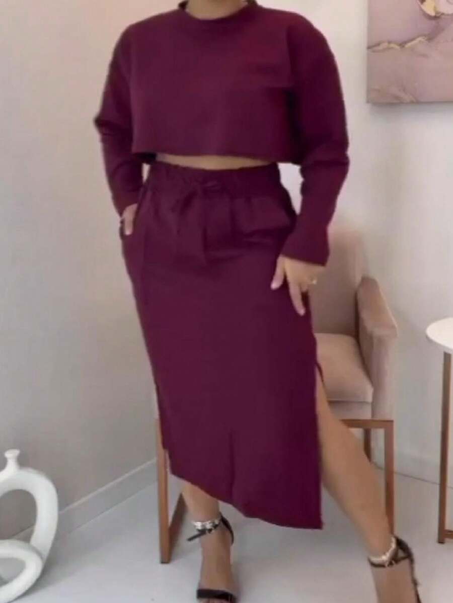 Women Two-Piece Outfits - 酒紅色 - 查看 1