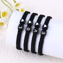 1 pieza Pulsera trenzada negra con cuerda de nudo plano y cuentas con forma de corazón de acrílico, para San Valentín - Pulsera - Ver 2