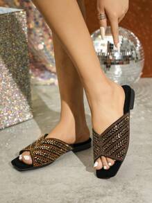Handmade Rhinestone Women's Flat Sandals, Summer Casual Style Comfortable Black Microfiber Slippers - Gold - View 6