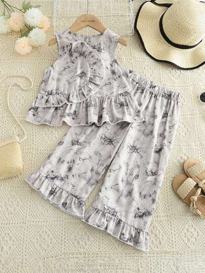 Young Girl 2pcs Chinese Style Ink Splattered Ruffled Sleeveless Tank Top Top + Wide Leg Pants Set For Summer