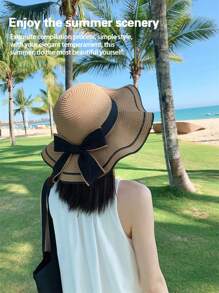 1pc Fashionable Bowknot Women's Sun Hat With Gradient Sunglasses, Ideal For Beach Vacation. Includes Wave Edge Ladies' Sun Hat With Wide Brim And Sunglasses (Random Shipment Of Glasses).