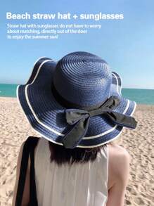 1pc Fashionable Bowknot Women's Sun Hat With Gradient Sunglasses, Ideal For Beach Vacation. Includes Wave Edge Ladies' Sun Hat With Wide Brim And Sunglasses (Random Shipment Of Glasses).
