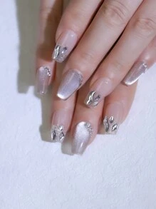 100% Pure Handmade Press On Nails Nude Color And High Glossy Cat's Eye Short Coffin Shaped 10pcs Nail Tips Reusable Manual Nails With Shiny Rhinestones Glitter Nail Charms Decoration Fake Nails For Party And Bride Nail Supplies
