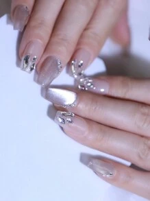 100% Pure Handmade Press On Nails Nude Color And High Glossy Cat's Eye Short Coffin Shaped 10pcs Nail Tips Reusable Manual Nails With Shiny Rhinestones Glitter Nail Charms Decoration Fake Nails For Party And Bride Nail Supplies