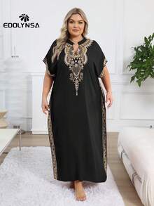 Plus Size Kaftan Black Embroidery House Dresses Loose Lounge Wear Palestinian Thobe For Women - Black - View 6