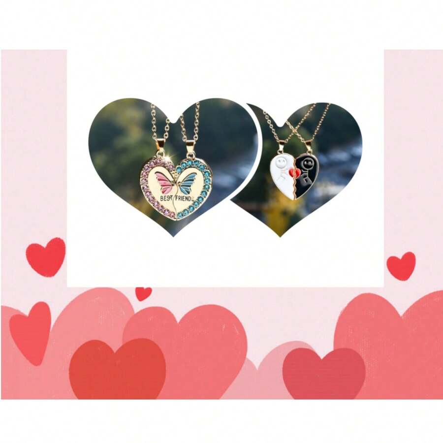 Set Of 2 Necklaces, Best Friend Necklace With Cute Design, Valentine's Day Gift With Heart-Shaped Pendant Friendship Necklace. Can Be Used As Birthday Gift, Sister Gift, Souvenir Gift, Etc. - Gold - View 1