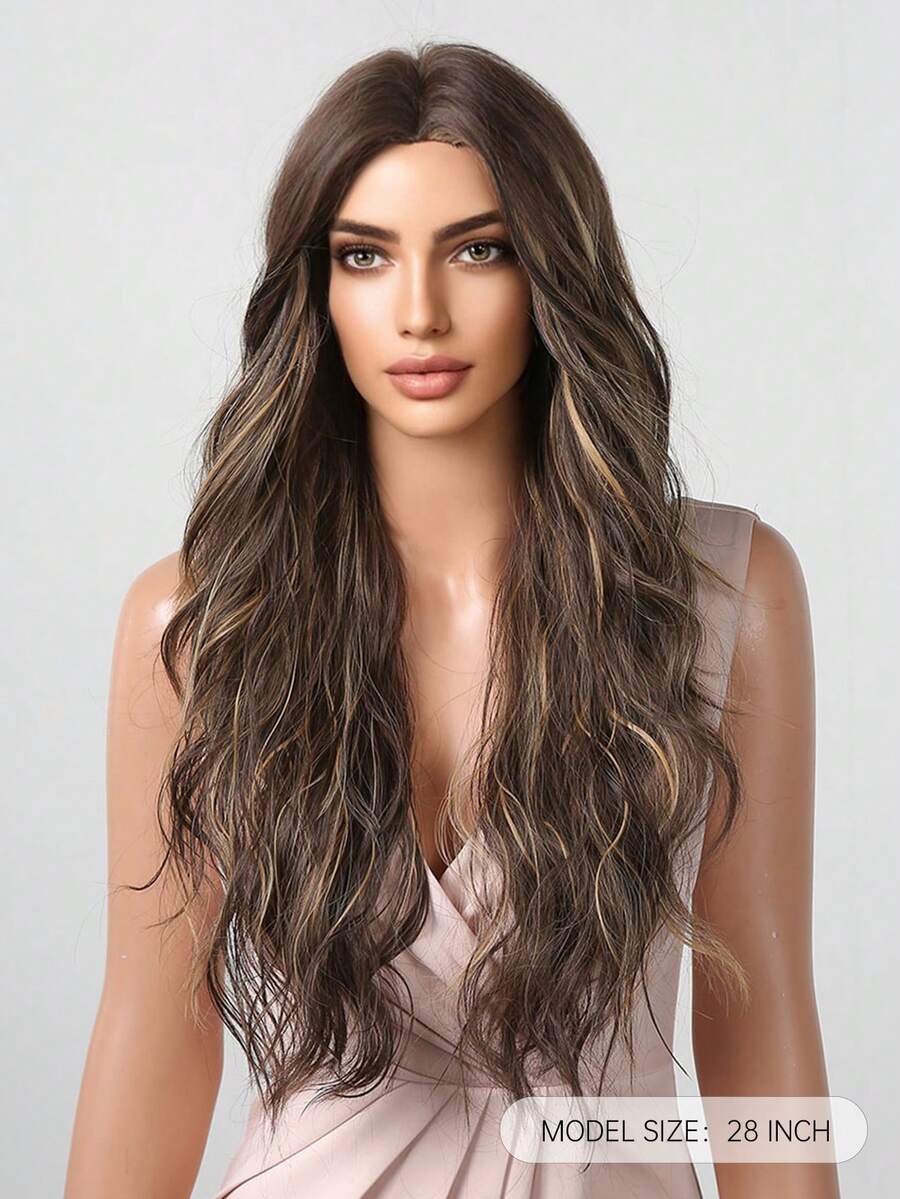 TOPSHE 28 Inch Brown Highlight Blonde Long Body Natural Wave Synthetic