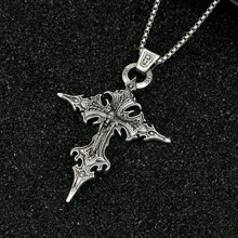 1pc Fashionable Gothic Nail Cross Skull Pendant Necklace, Halloween Necklace - Antique Silver - View 3