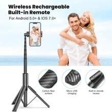 TONEOF 152cm Selfie Stick Trípode, Ligero trípode del teléfono Celular con Mando a Distancia Integrado, 360 ° de rotación trípode portátil para 4-7 Pulgadas iPhone Android/Viajes - Negro - Ver 7
