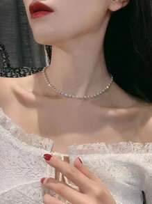 1pc Sweet And Cute Korean Style Pearl Necklace - Gold - View 4