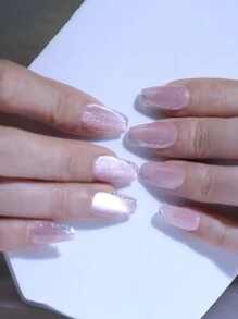 10片裝粉色貓眼亮片銀線美甲貼紙，手工短款棺材形美甲貼，可重複使用派對與日常美甲設計貼紙，美甲用品 - 粉色 - 查看 8