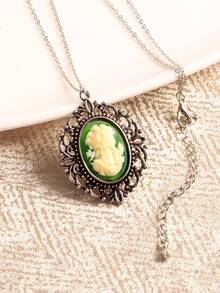 Vintage Oval Pendant Necklace (Card Not Included) - Green - View 3