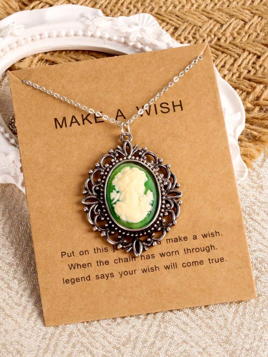 Vintage Oval Pendant Necklace (Card Not Included) - Green - View 1