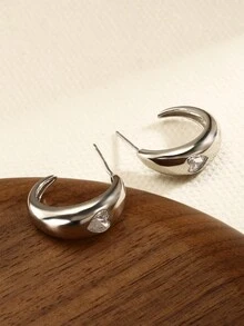 1對S925純銀耳環，銀色心形方框頭鑲嵌光滑C形耳環，適合女性，簡約時尚風格，適合日常佩戴 - 銀色 - 查看 7