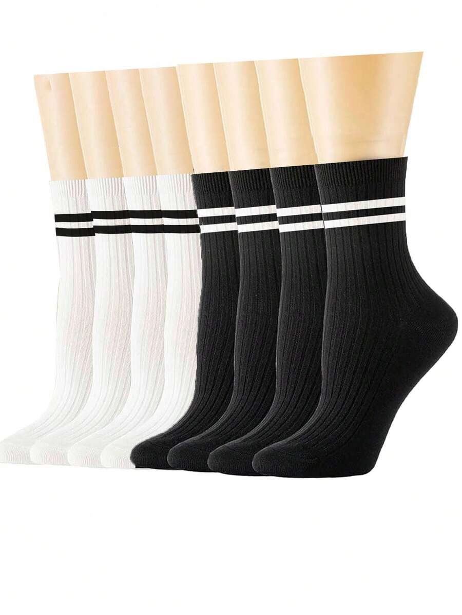 8對男式條紋中筒襪,通用尺碼35-43適用於情侶:4對白色、4對黑色