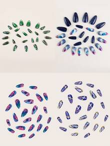 4 Packs (96pcs) Blue Starry Sky Fantasy Pearl Powder Rhinestone Nail Stickers, Wearable Nail Art Stickers Special For Wearing, Including Jelly Glue And Nail File Press On Nails Nail Supplies - Multicolor - View 3