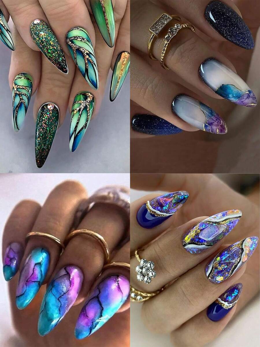 4 Packs (96pcs) Blue Starry Sky Fantasy Pearl Powder Rhinestone Nail Stickers, Wearable Nail Art Stickers Special For Wearing, Including Jelly Glue And Nail File Press On Nails Nail Supplies - Multicolor - View 1