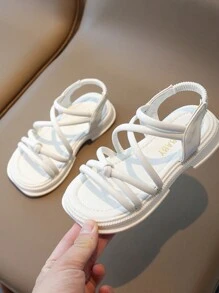 女童韓版休閒PU羅馬涼鞋，新款柔軟底面時尚露趾防滑沙灘鞋，適用於夏季假期 - 白色 - 查看 3