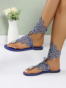 1双女士闪亮水钻罗马风人字拖，黑色镂空编织鞋面镶嵌炫彩水钻 - 寶藍色 - 查看 6