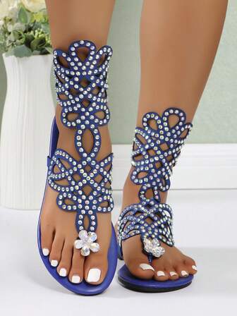 Sandalias planas de verano bohemias con rhinestones transpirables 2025, sandalias con tiras caladas para mujeres