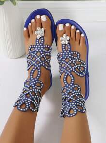 1双女士闪亮水钻罗马风人字拖，黑色镂空编织鞋面镶嵌炫彩水钻 - 寶藍色 - 查看 3