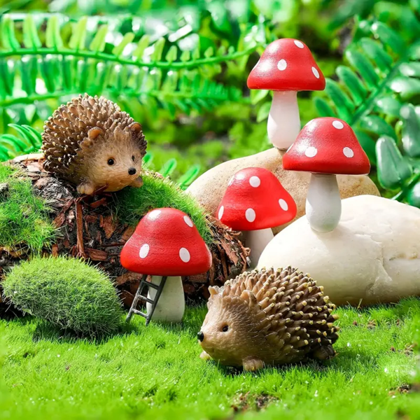 6pcs (2 Hedgehog + 4 Mushroom) Fairy Garden Animal Ornaments For Outdoor, Resin Hedgehog & Wooden Mushroom Micro Landscape Pot Crafts Decoration, Ideal For Halloween/Thanksgiving/Christmas/Easter Gifts