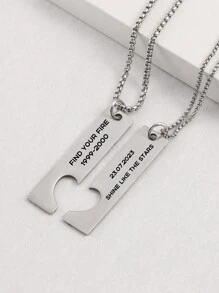 Angepasste personalisierte Kette mit rechteckigem und halbem Herzanhänger mit Gravur von Name/Slogan/Ort/Datum, perfektes Geschenk zum Geburtstag, Valentinstag oder Jahrestag für Freundinnen, Freunde und Freunde, die getragen werden können - Silber - Übersicht 3