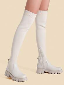 Women Thigh High Boots Mid Chunky Heel Stretch Over The Knee Boots - Black - View 2